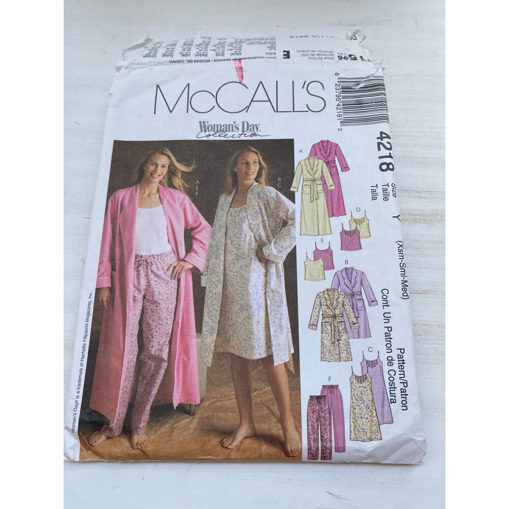McCalls Woman Day 4216 PJ Robe Gown Cami Pant XS Sml Medium Sewing Pattern UC FF